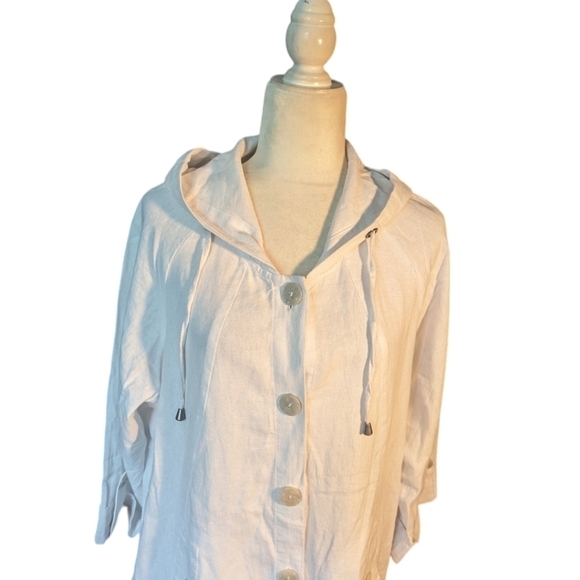 white linen blend oversized Lagenlook hooded trenchcoat jacket/ coverup sz 1X - Picture 2 of 10